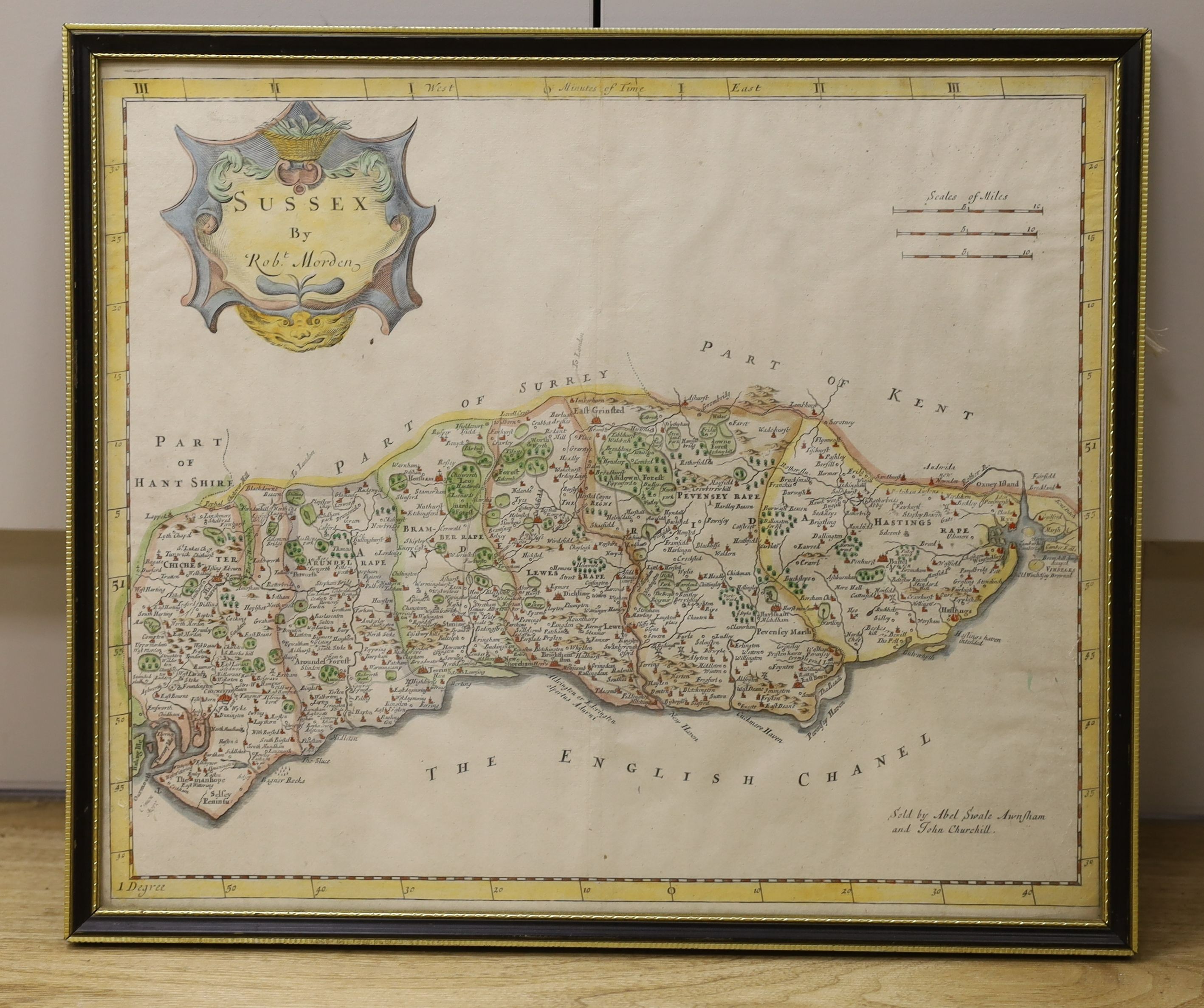 Robert Morden, coloured engraving, Map of Sussex, 35 x 41cm